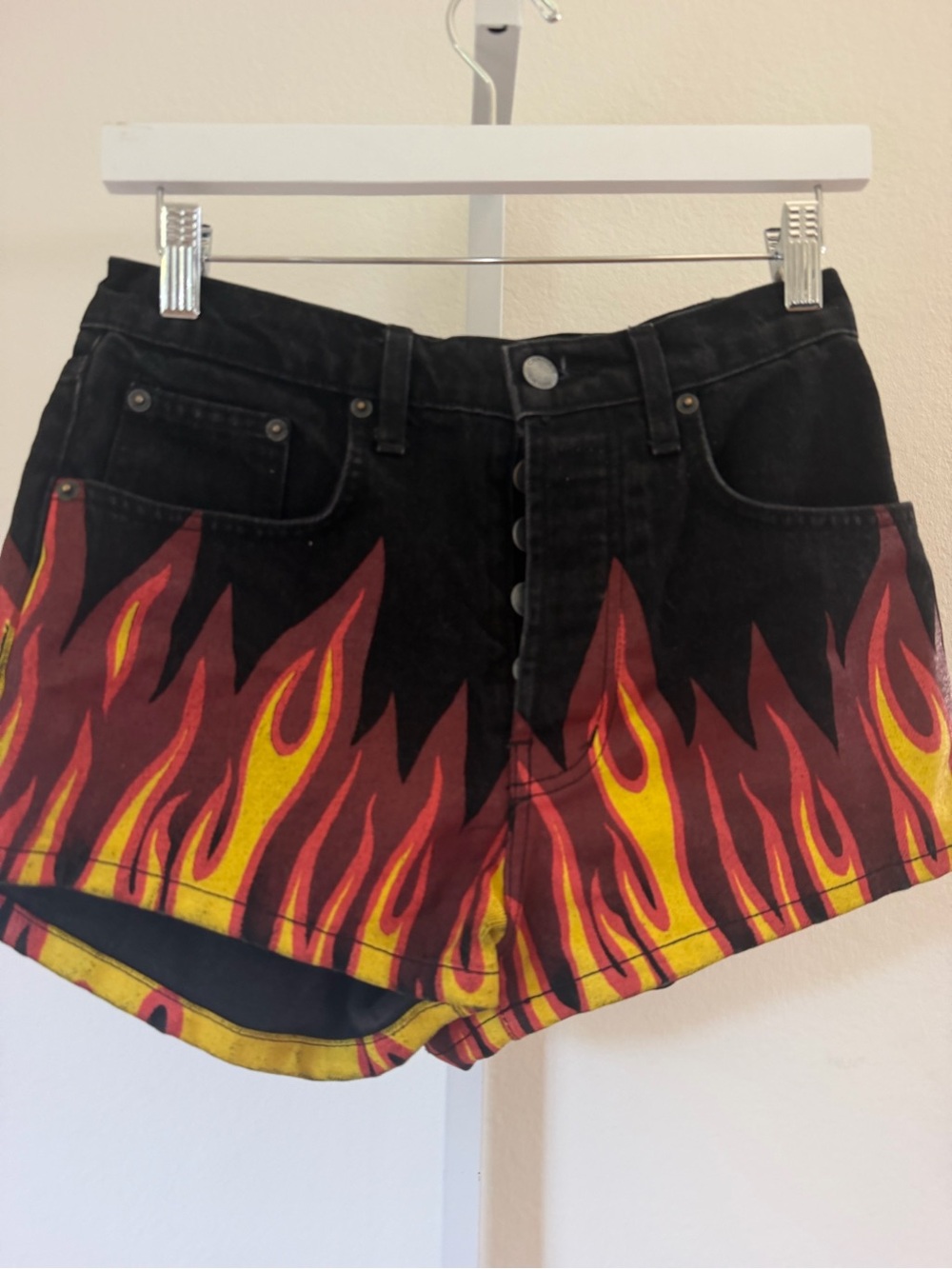 Carmar Black Denim Shorts with Red and Yellow Flame Graphic